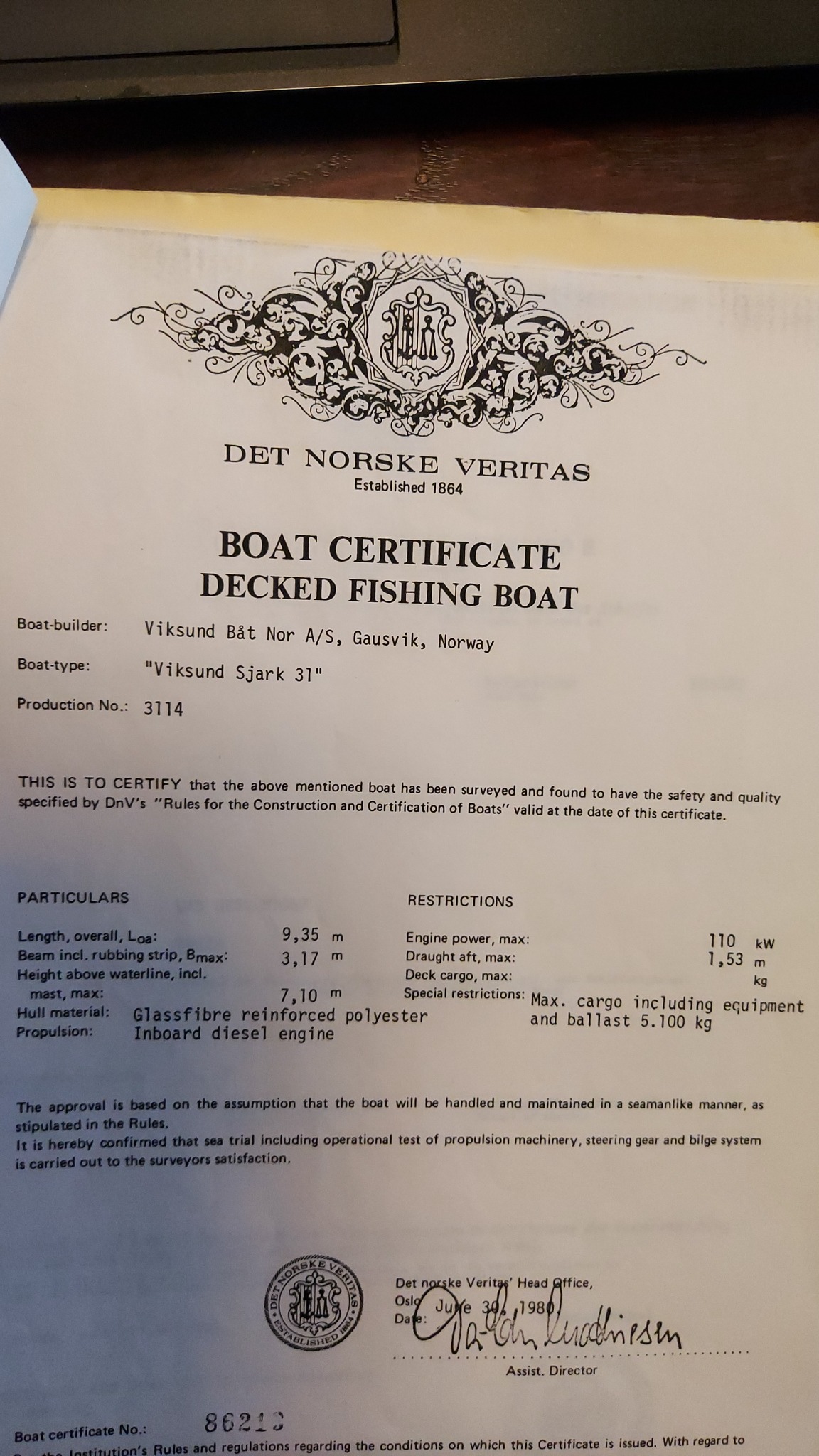 Boat certificate van Det Norske Veritas